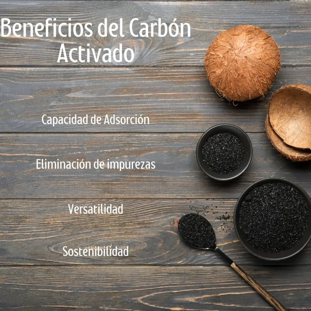 Infografía que ilustra las propiedades y beneficios del carbón activado.