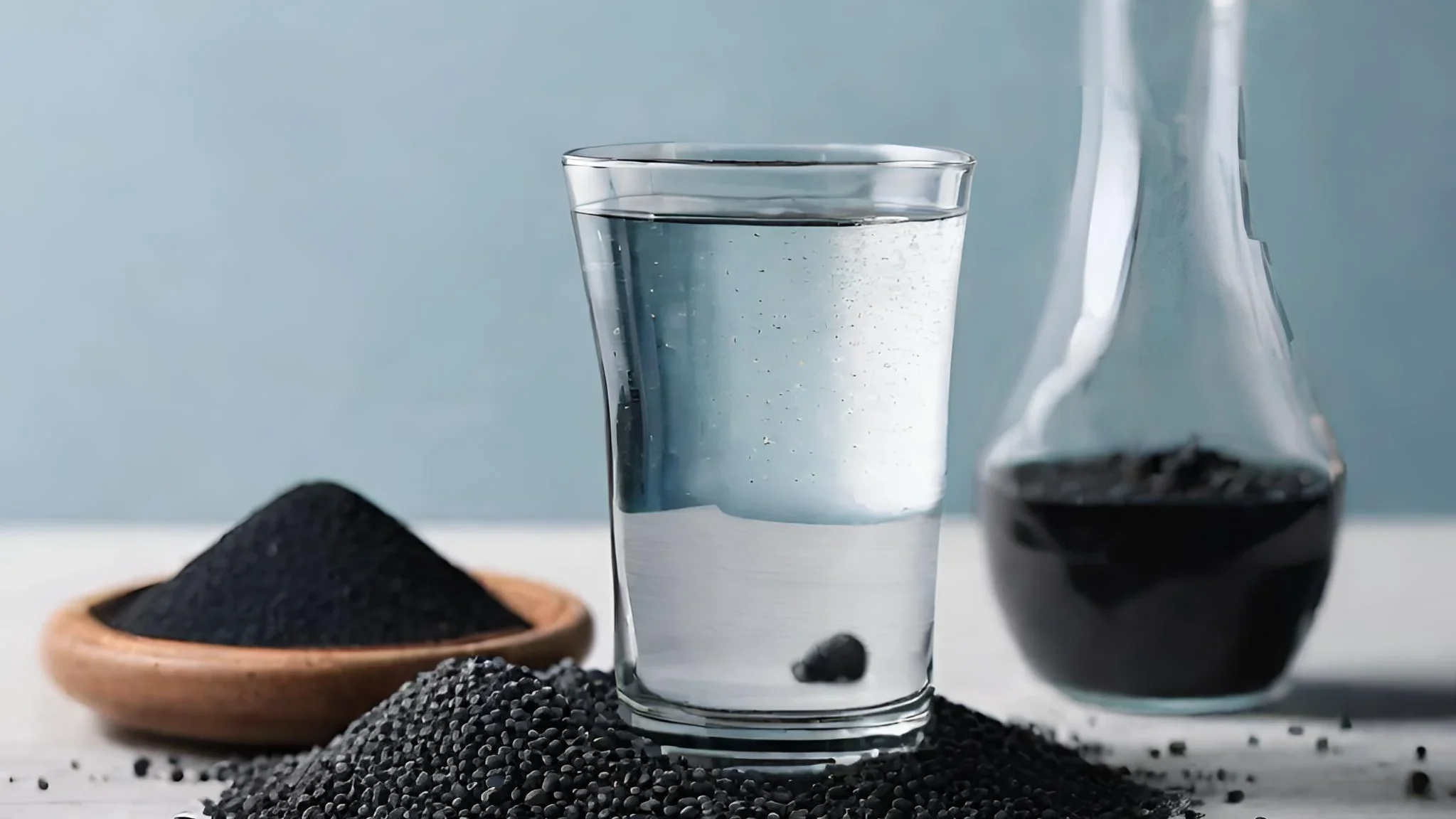 Foto de un vaso de agua cristalina junto a granos de carbón activado.