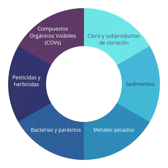 Gráfico de  pie que muestra los principales contaminantes que los filtros de carbón activado eliminan.